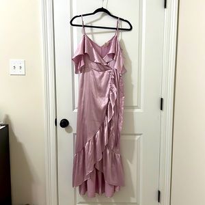 Off the shoulder, ruffled asymmetrical satin dress.